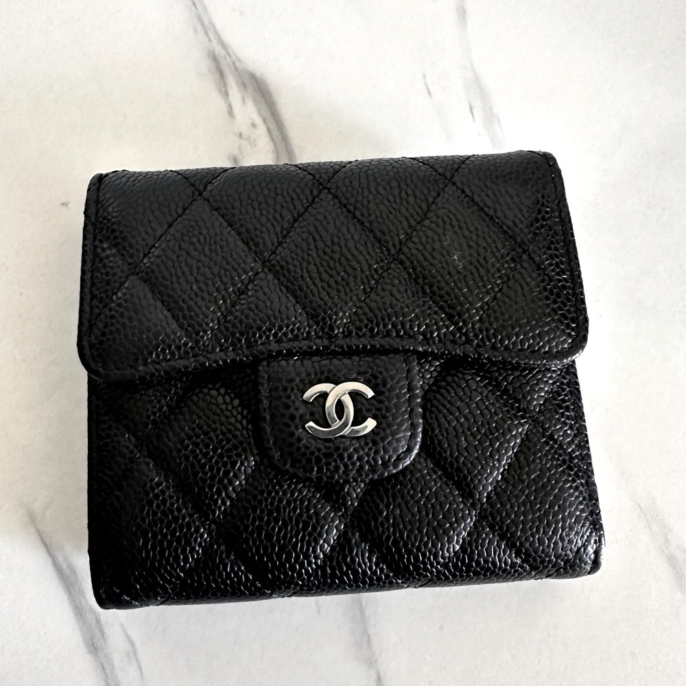 Chanel Caviar Leather Quilted Compact Flap Wallet in Black